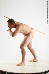 Nude Fighting with spear Man White Standing poses - ALL Slim Short Brown Standing poses - bend over Realistic